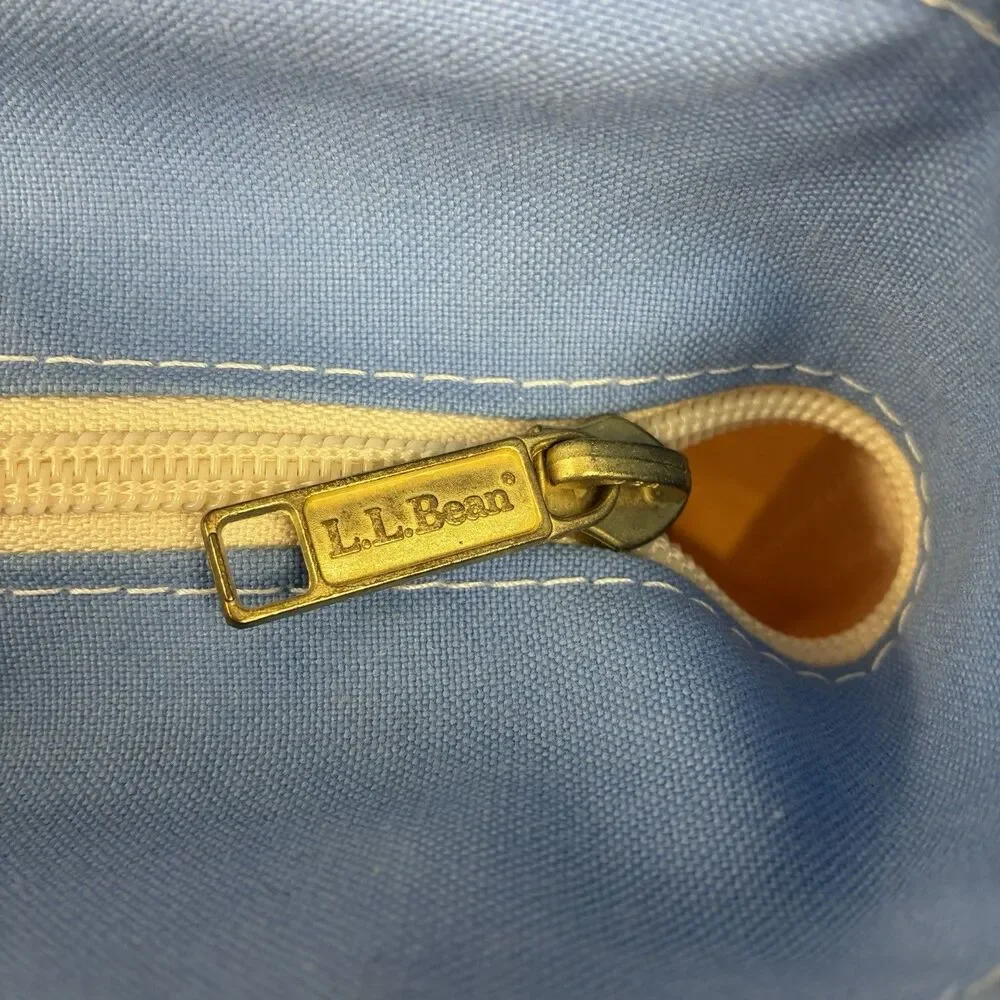 Vintage LL Bean Mini Boat And Tote -Beige Light Blue Canvas Bag With Zipper Top